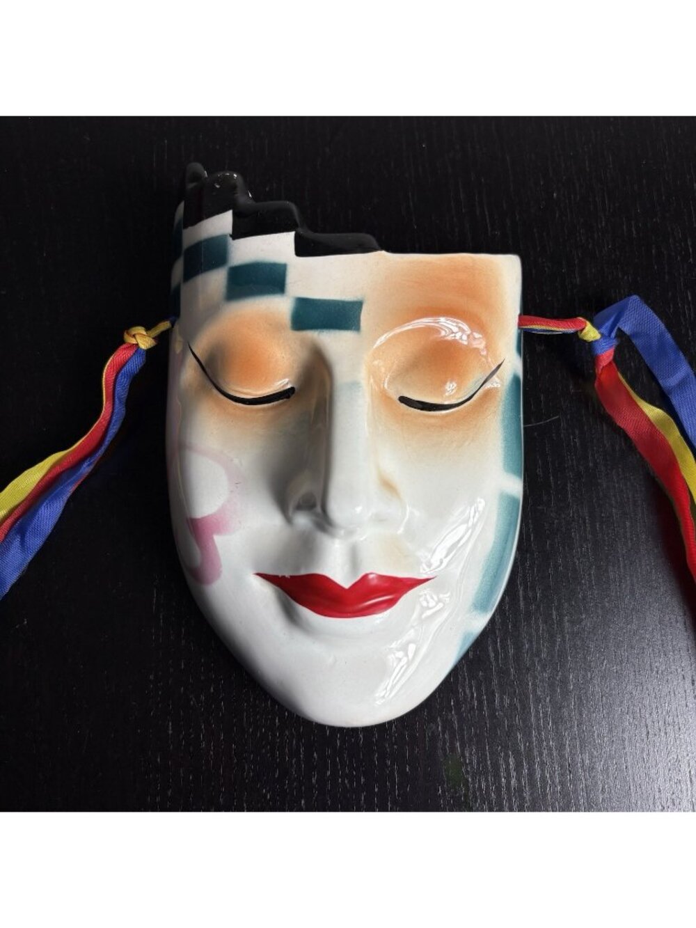 Vintage 80s Ceramic Wall Hanging Face Mask Planter Clay Art Style Colorful